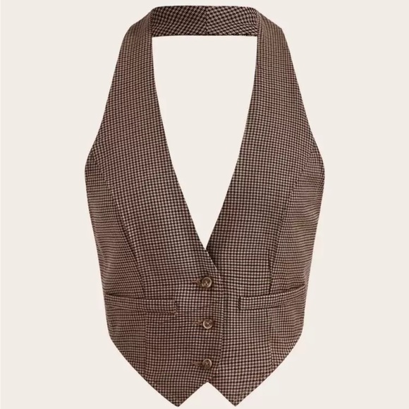 Tops - Button-Front Waistcoat Vest in Brown and Beige Plaid Size M